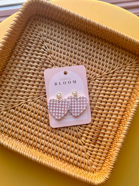 Brown Gingham Ruffle Hearts | Handmade Polymer Clay Earrings