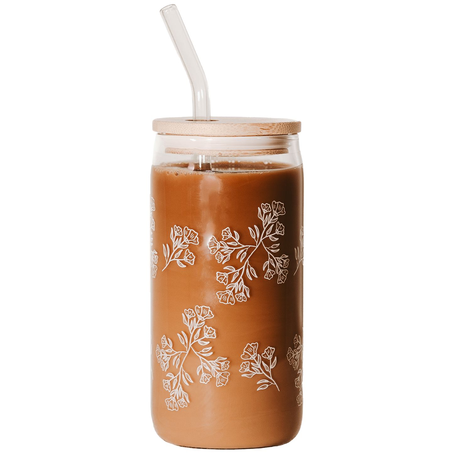 White Floral 17 oz Can Glass w/ Straw and Lid