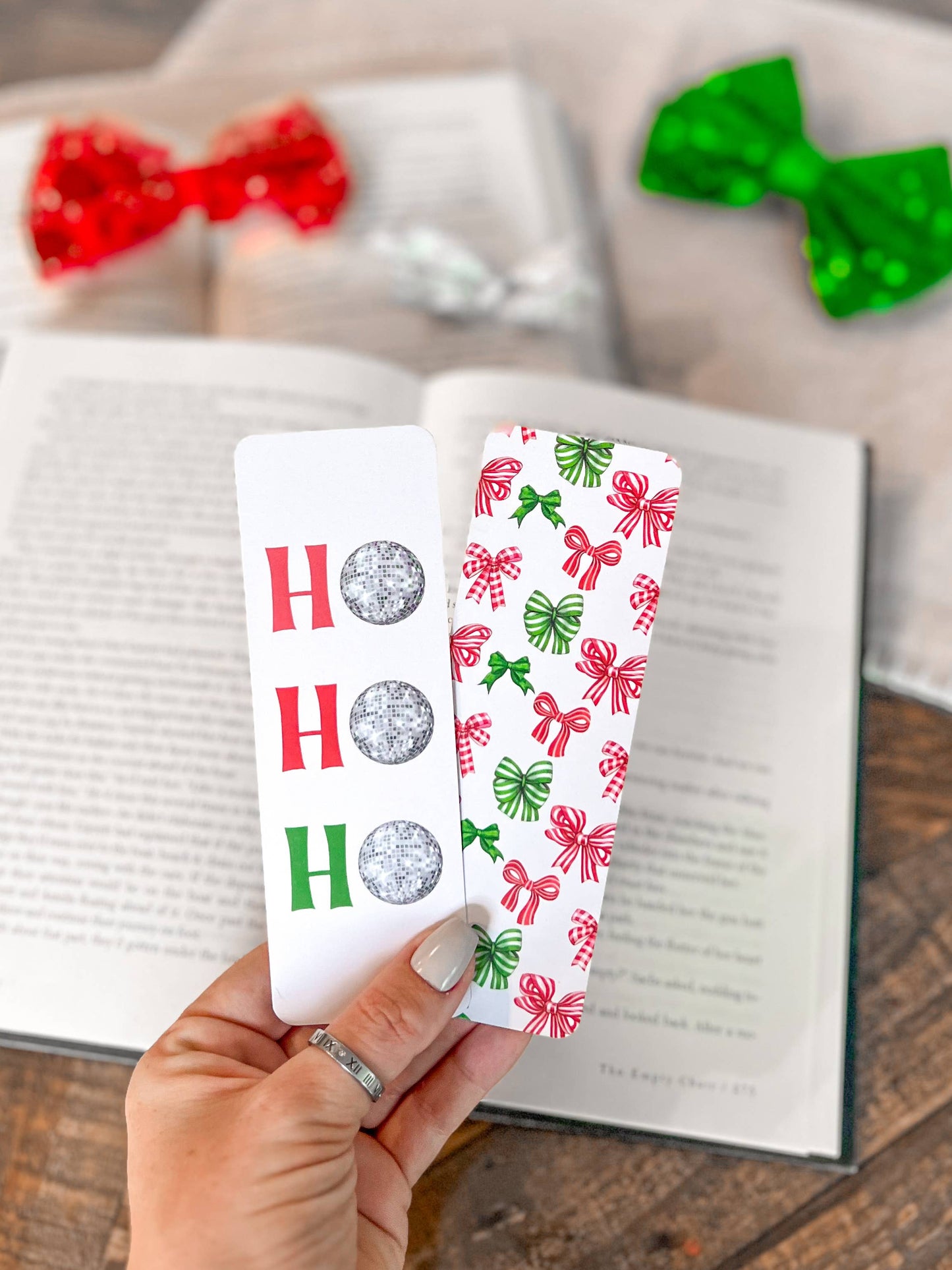 Ho Ho Ho Bows Bookmarks, Christmas Bookmark, Disco Ball