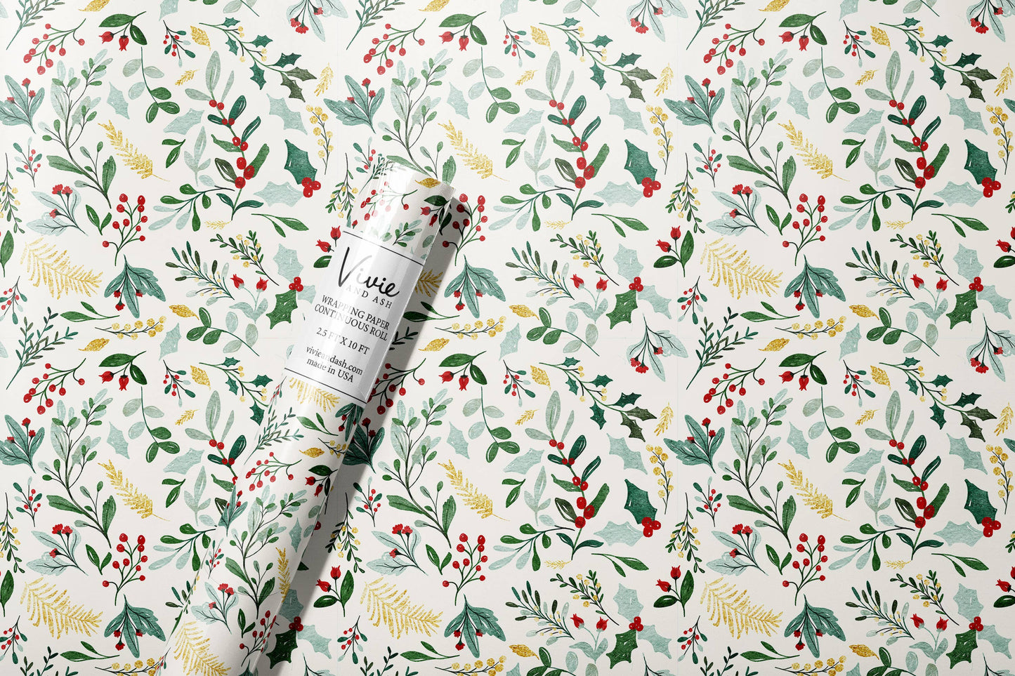 Christmas Watercolor Greenery White Wrapping Paper
